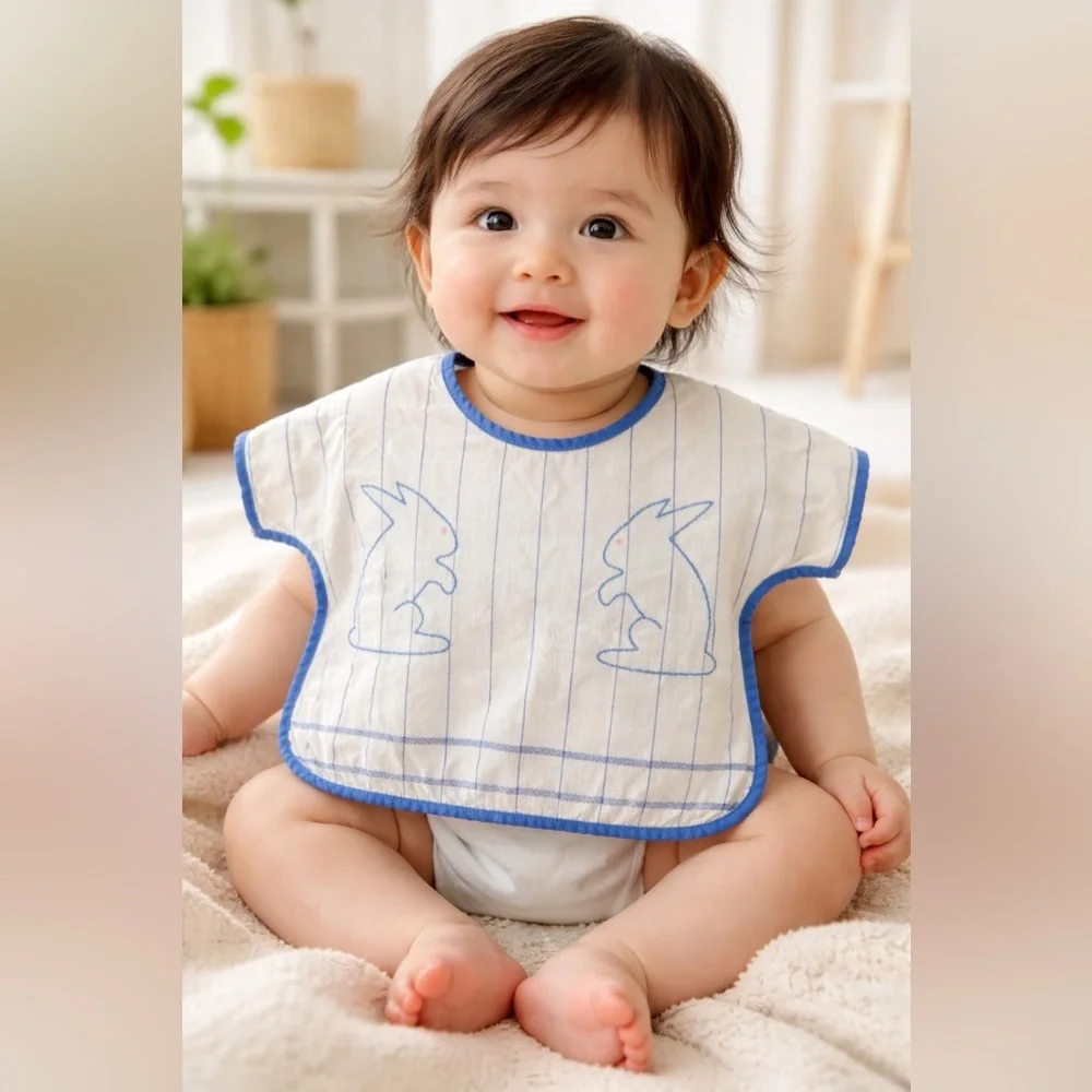 Vintage Baby Bib with Hand Embroidered Bunny Design